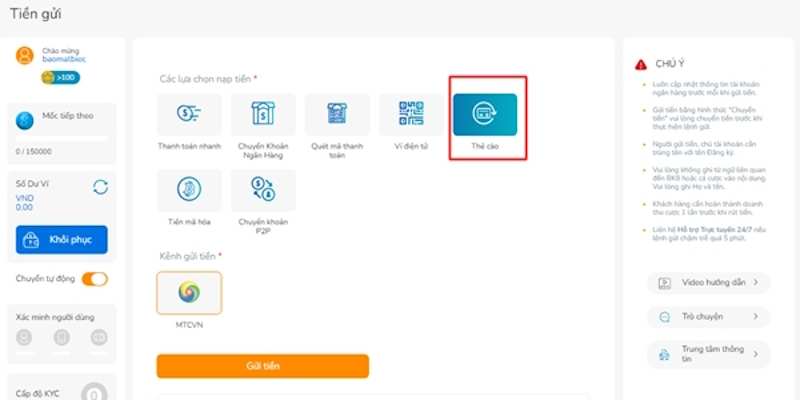Nạp Tiền 6 Sử dụng thẻ cào để nạp tiền tài khoản BK8