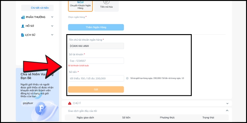 Rút Tiền 6 Thêm tài khoản banking cá nhân để rút tiền BK8