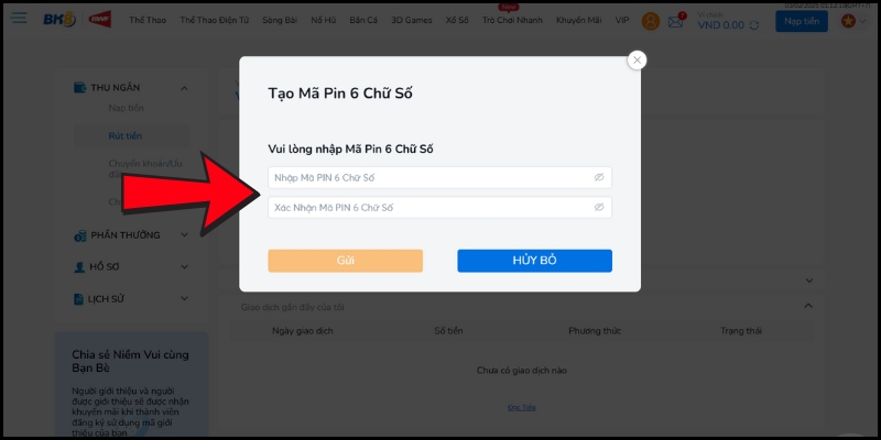 Rút Tiền 5 Người chơi thiết lập mã pin 6 chữ số